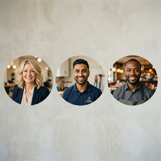 Headshots of FlowGen clients — diverse small business owners across the UK